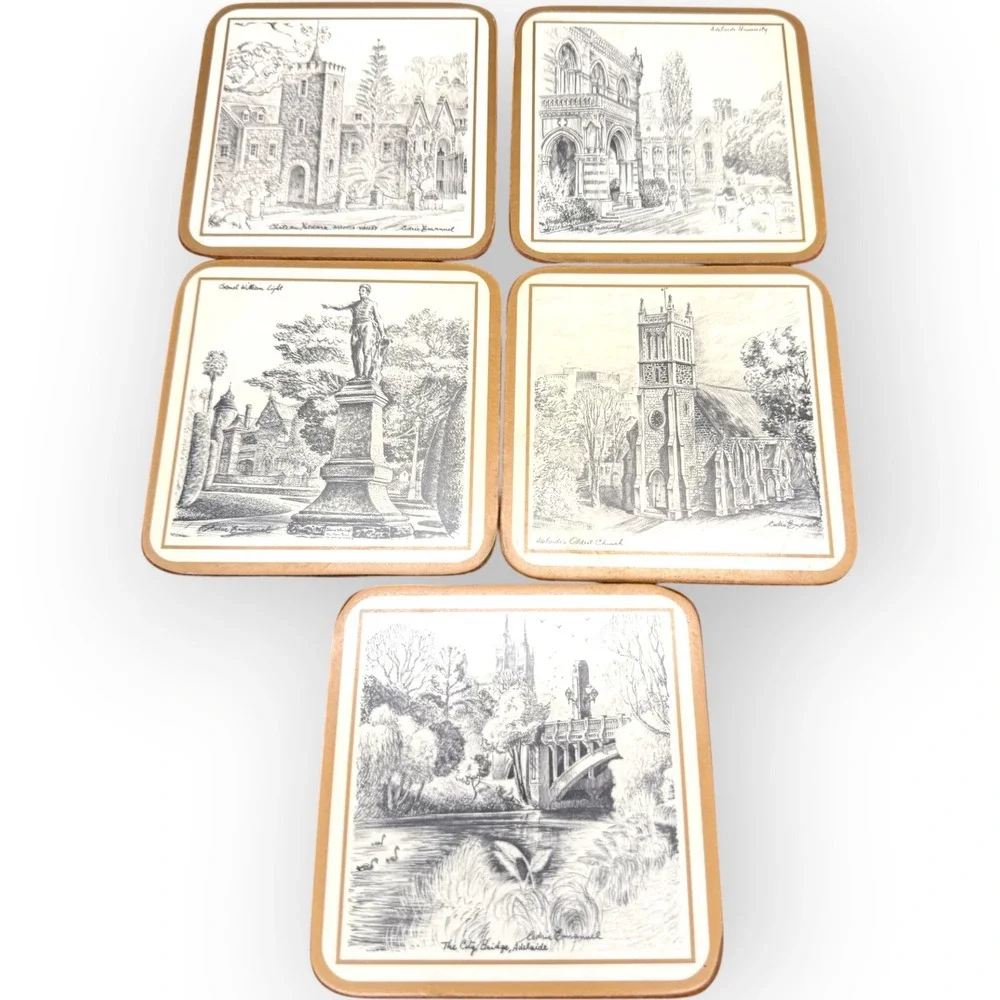 Vtg Pimpernel Cedric Emanuel Australian Landmark Coasters Set 9 Sketch Adelaide